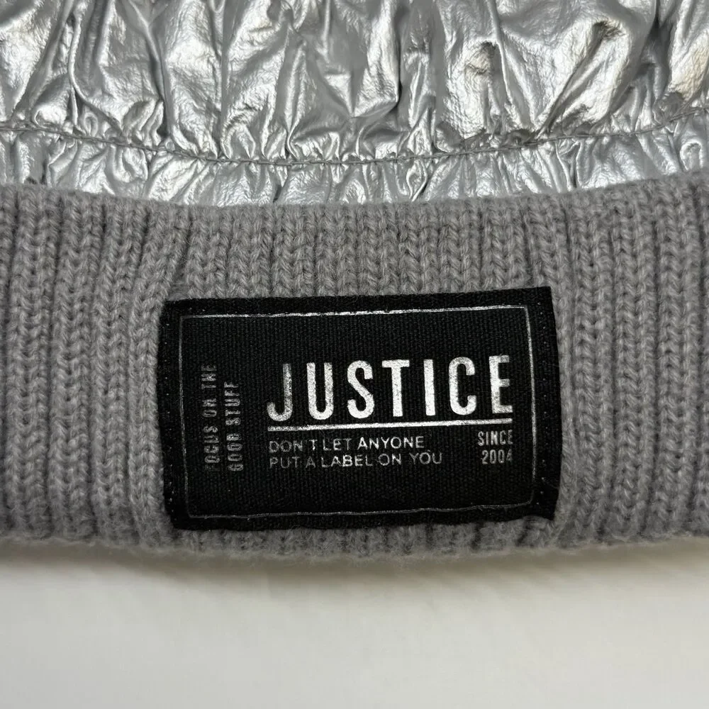 Justice Girls Faux Fur Pom Metallic Silver Quilted Beanie